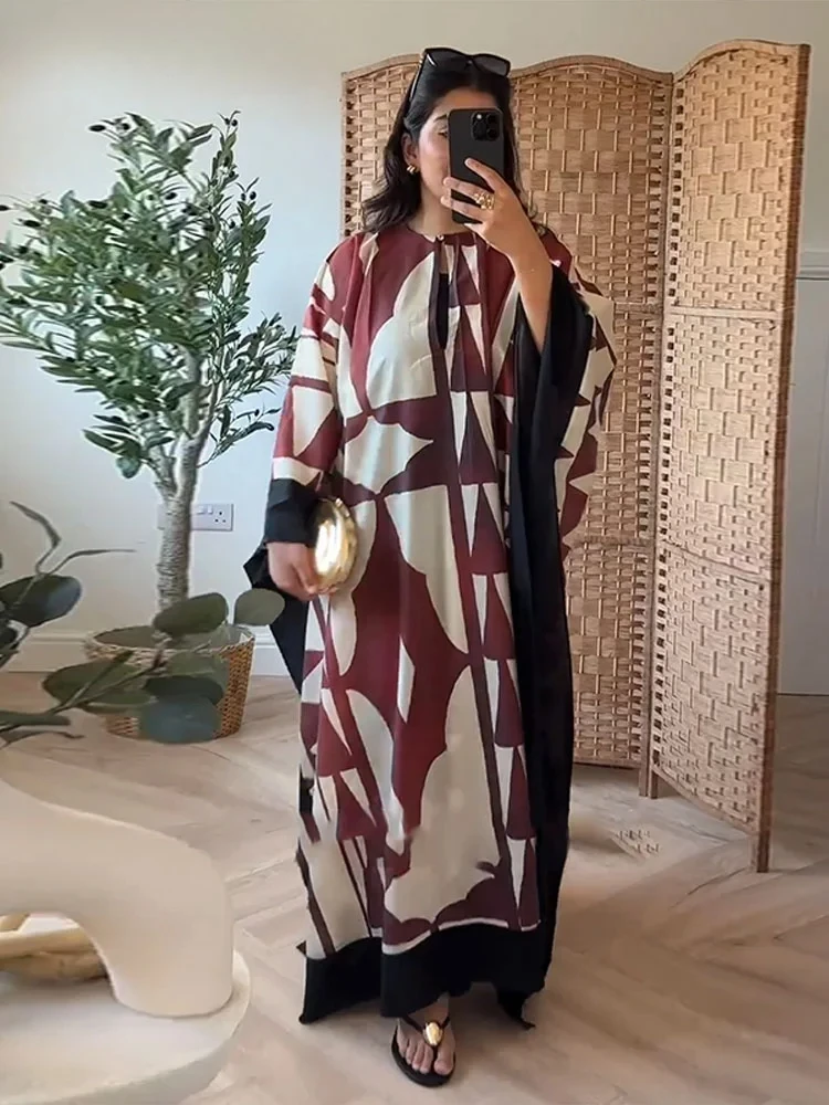 

Vintage Print Women's Long Dresses Pleated O-neck Full Sleeve Female Holiday Dresses 2025 New Fashion Lady Beach Vacation Robe