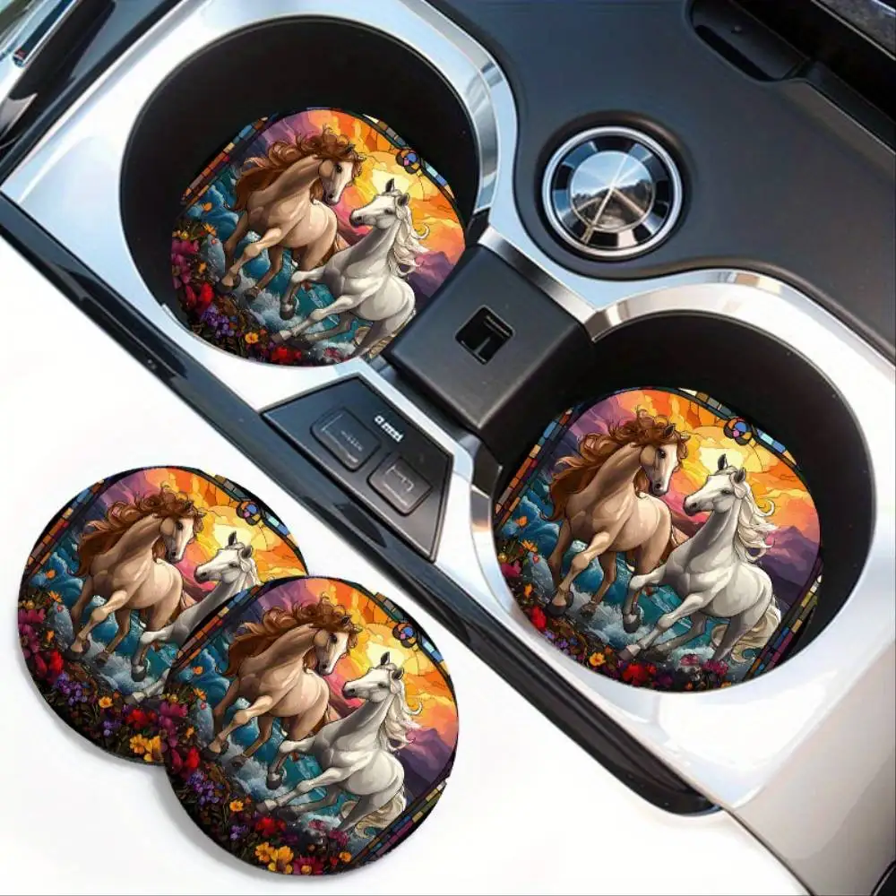 Majestic Sunset Horse EVA Car Coasters 2pcs. Absorbent Non-slip Durable Artistic Car Cup Holder Protector.