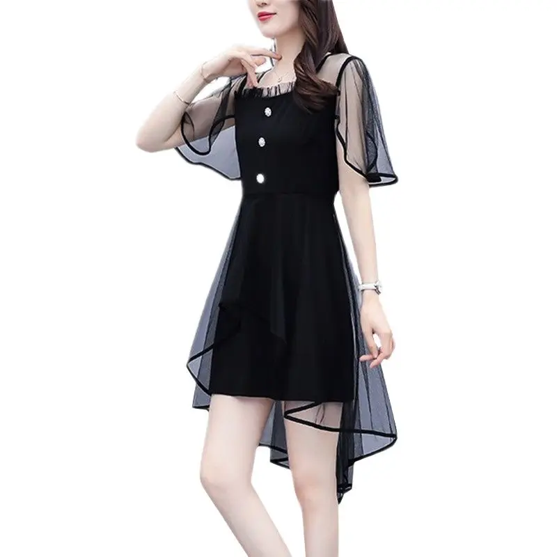 UHYTGF Loose Size Woman Dress Vestidos Fashion Sexy Mesh Irregular Ladies Black Dress Summer Dresses For Women Vestido Mujer 806