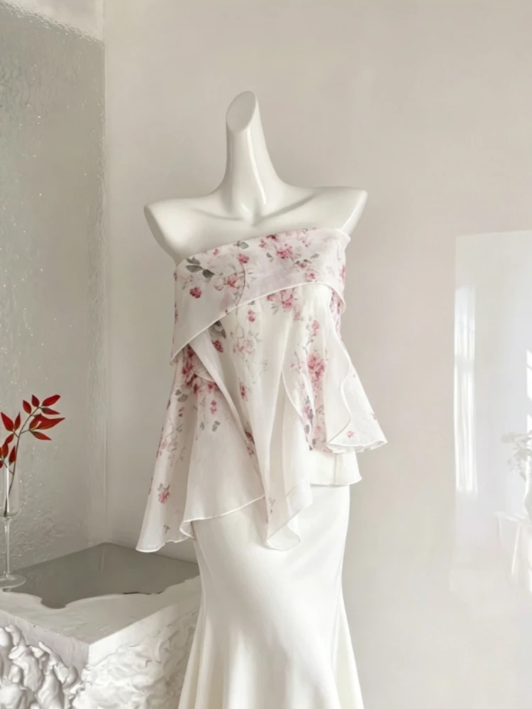 

New Summer French Gentle 2 Piece Set for Women Floral Skew Collar Tops + Solid High Waist Design Midi Skirt Daily Female Outfits