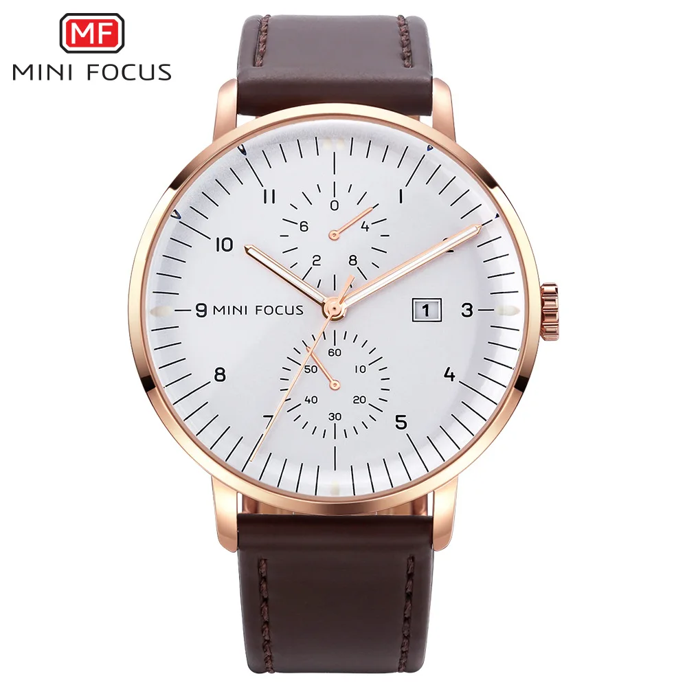 

MINI FOCUS 0052G Men's Round Watch Luxury Casual Simple Fashion Quartz Leather Wristwatch for Male Boy Clock Brithday Gift