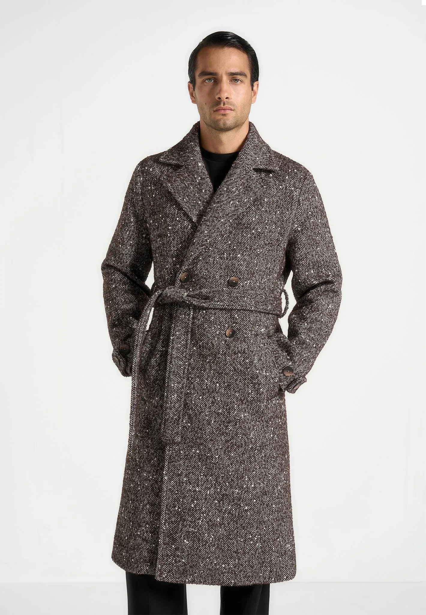 Wool Blend Coat Men Over Jacket with Belt Herringbone Pattern Double Breasted Overcoat Plus Size Warm Formal Business Tailored