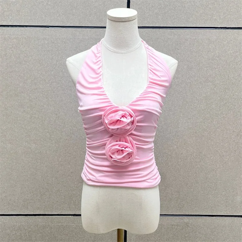 

Женская футболка, новый топ без рукавов с 3D цветочным декором на лето 2024, сексуальный топ на бретелях с открытой спиной, укороченный топ, женский корсет, женский топ