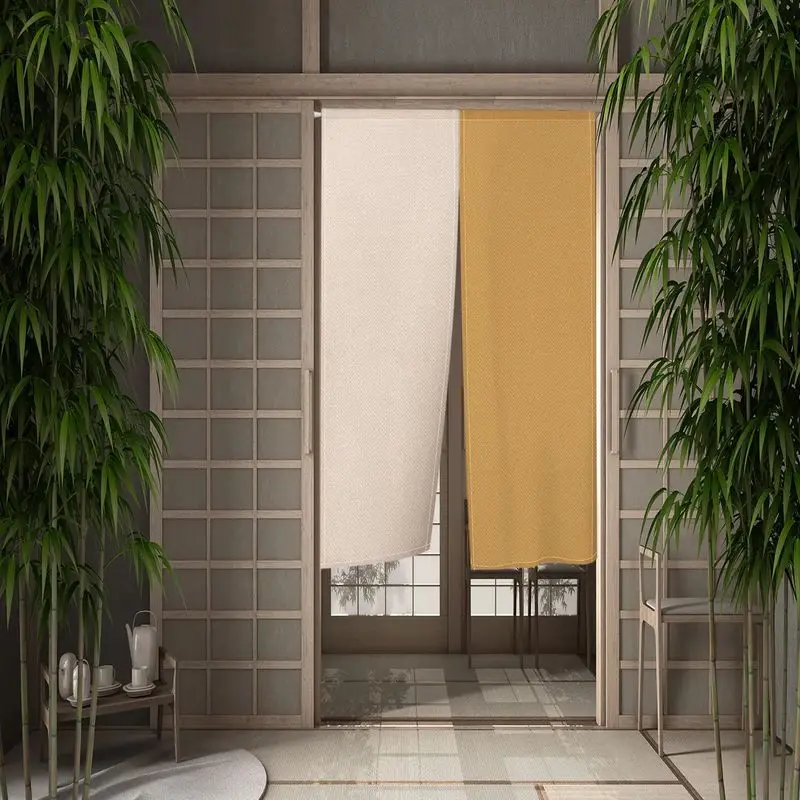 VIKAMA Two Tone Color Block Noren Door Curtain Cream Ochre White Navy Print Japanese Style Split Half Curtain Room Divider