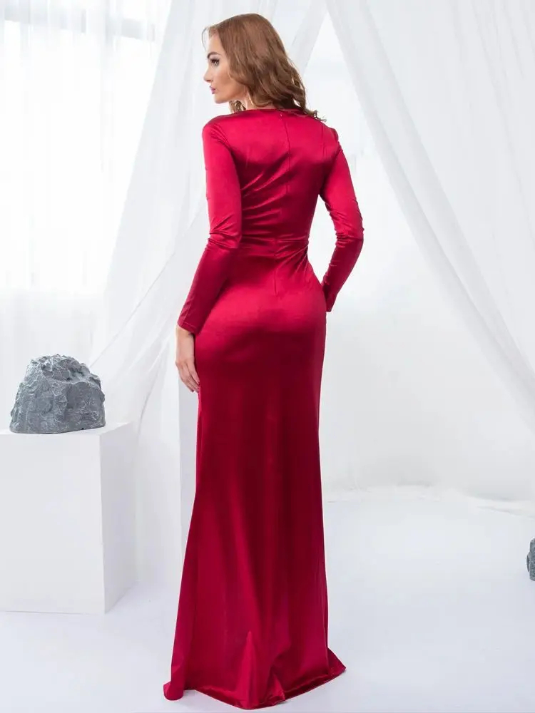 Modest Long Sleeve Sexy Deep V Neck Knot Ruched Prom Dress Slit Satin Stretch Floor Length Evening Party Dresses Summer 2024