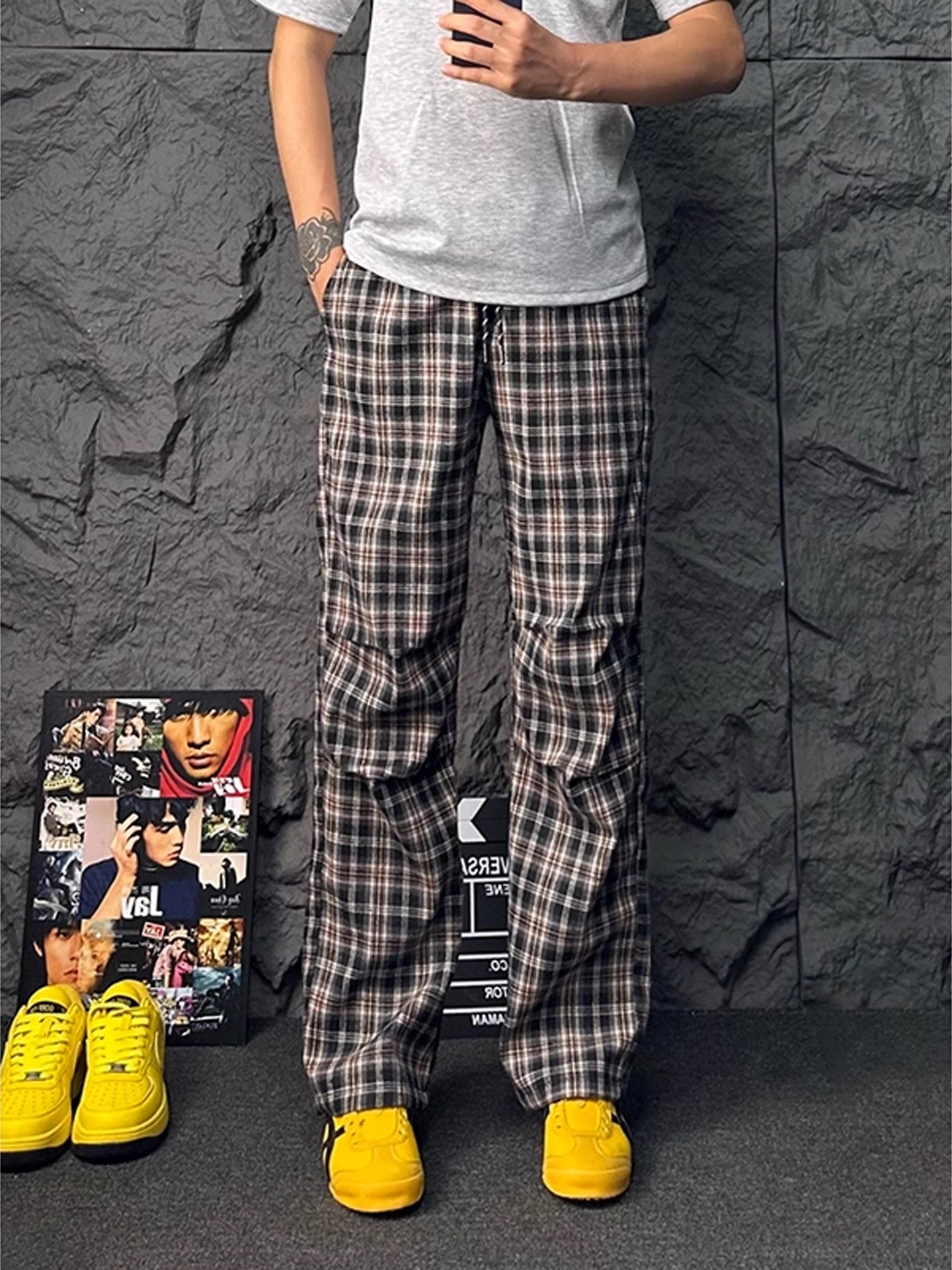 

American Retro Plaid Pants Men's Summer Thin High Waist Leg Lengthening Pants Cool Straight Leg Bell Bot Casual Pants