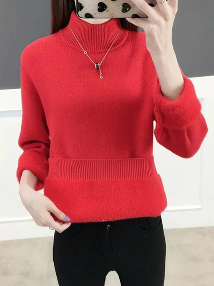 Maglione invernale mezzo collo alto nuovo Casual addensato Pullover lavorato a maglia foderato in pile morbido top Slim donna classico grande Sueter