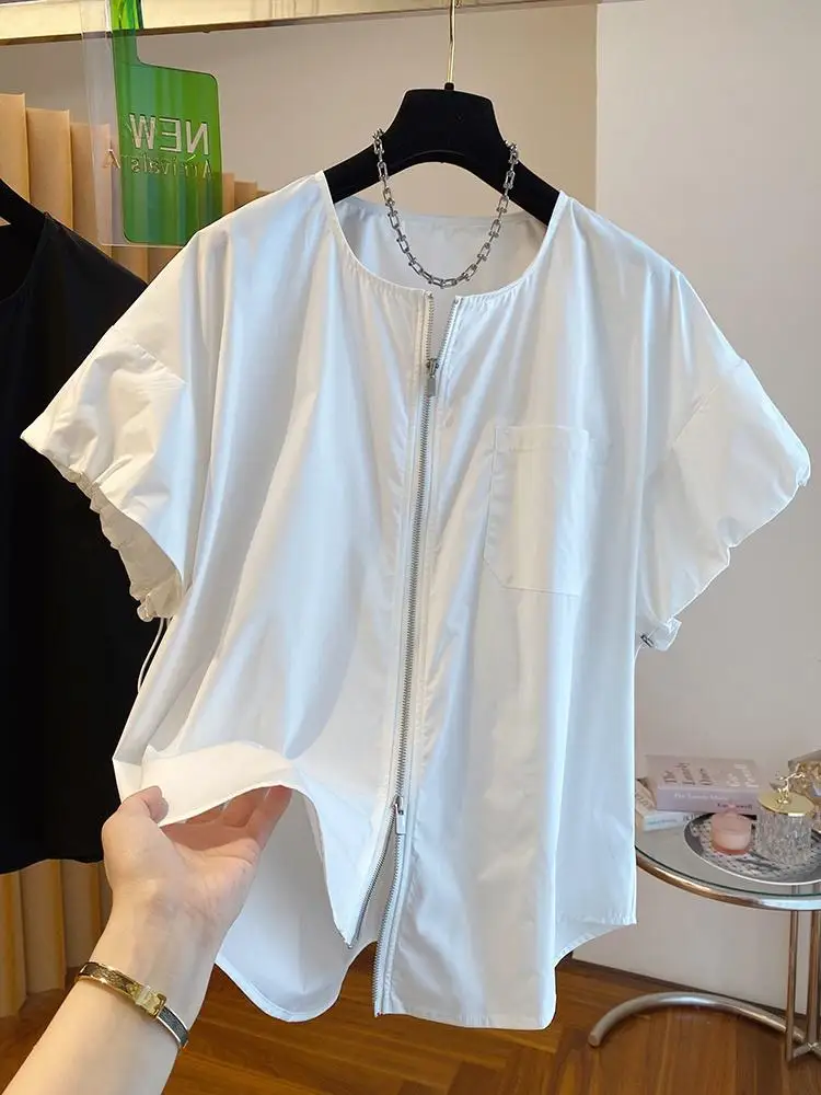 Camisa com zíper de manga curta feminina, estilo coreano, doce, blusa com decote em O, solta, casual, tops curtos, moda verão, nova