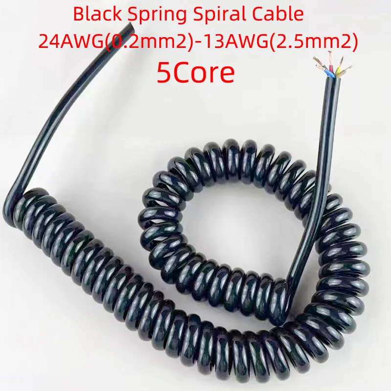 5Core Black Spring Spiral Cable Telescopic 24/20/18/17/15/13AWGWire 0.2mm2-2.5mm2 Stretch1to5Meters Stretchable Shrinkable Cable