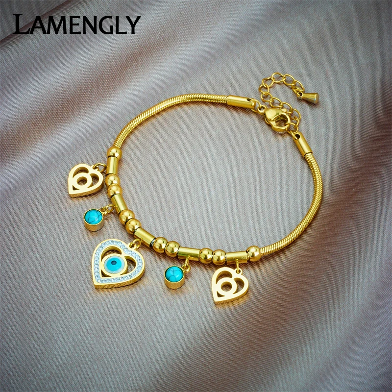 LAMENGLY 316L Stainless Steel Heart Eye Charm Bracelet For Women Girl New Trend Lady Bangles Waterproof Jewelry Party Bijoux