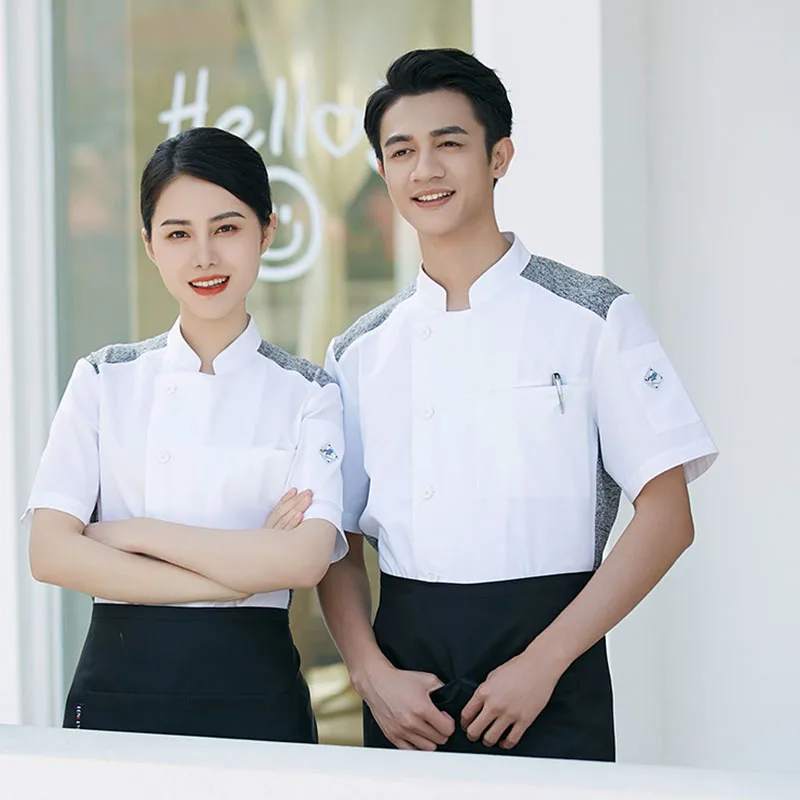 Chef Uniform ขายส่งผู้ชายและผู้หญิงสั้นทำอาหารเสื้อห้องครัวเบเกอรี่ Catering ทำงานแขนสั้นเสื้อแจ็คเก็ต