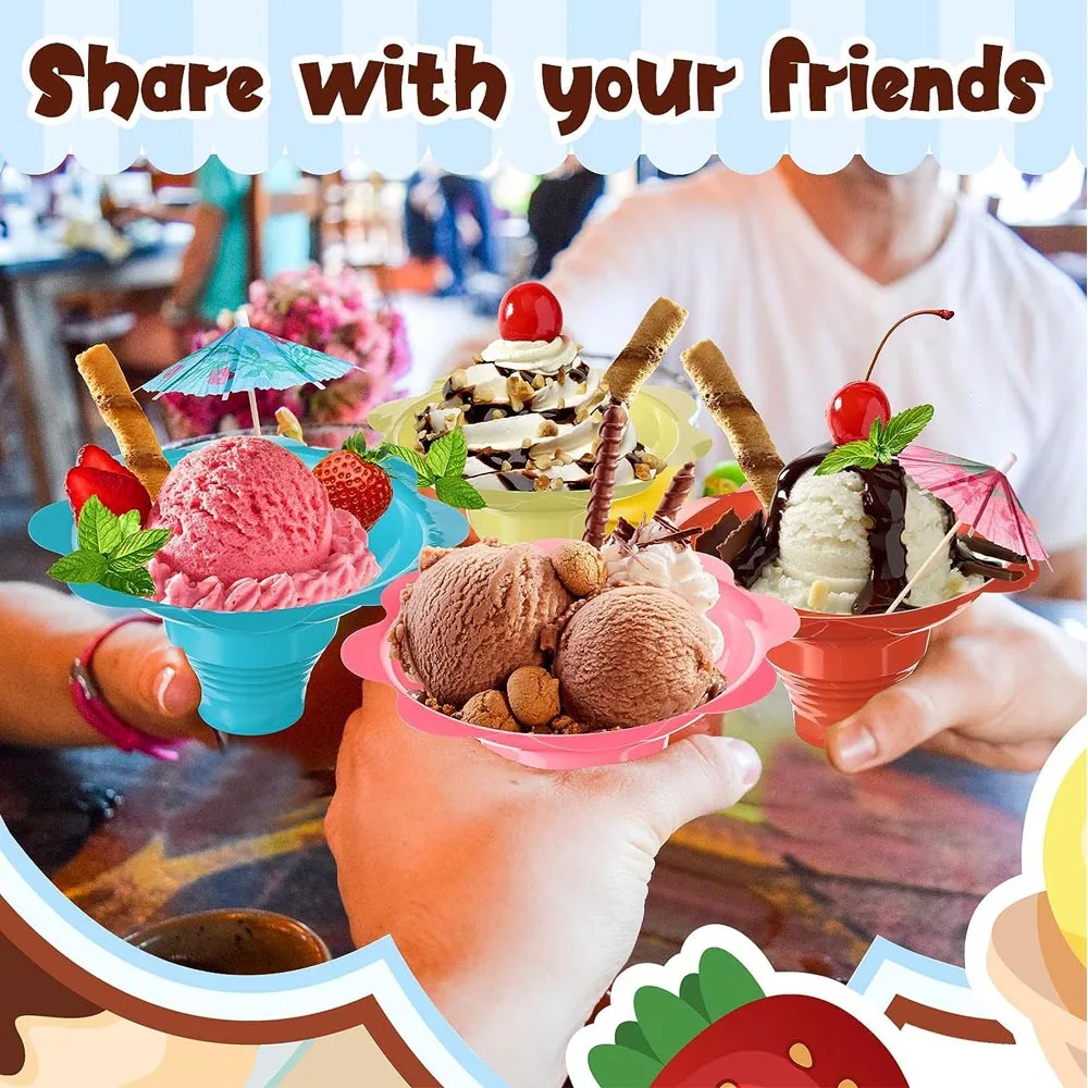 300 Pieces/100 Sets 4 oz Colorful Flower Snow Cone Cups Shaved Ice Cups with Spoon Straws and Paper Umbrellas Kit