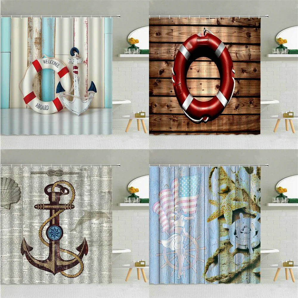 Anchor Lifebuoy Pattern Shower Curtain Wood Texture Boat Supply Bathroom Decor Vintage Newspaper Background Waterproof Curtains