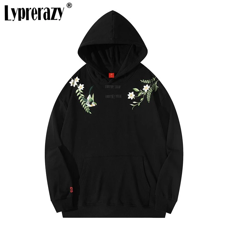 Lyprerazy Men National Tide Casual Hoodie Sweatshirts Magpie Embroidery Cotton Loose Pullover Tops