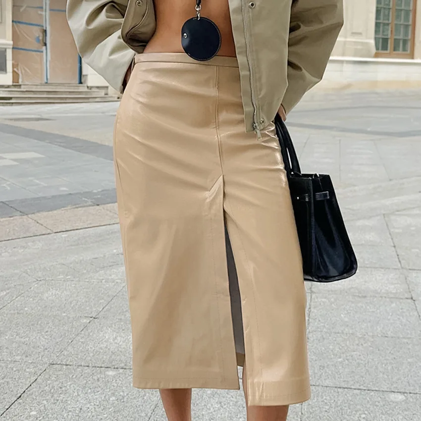 

Retro Khaki 2026 Autumn/winter Commuting High Waisted Split Straight Leg Skirt Mid Length Women's Clothing