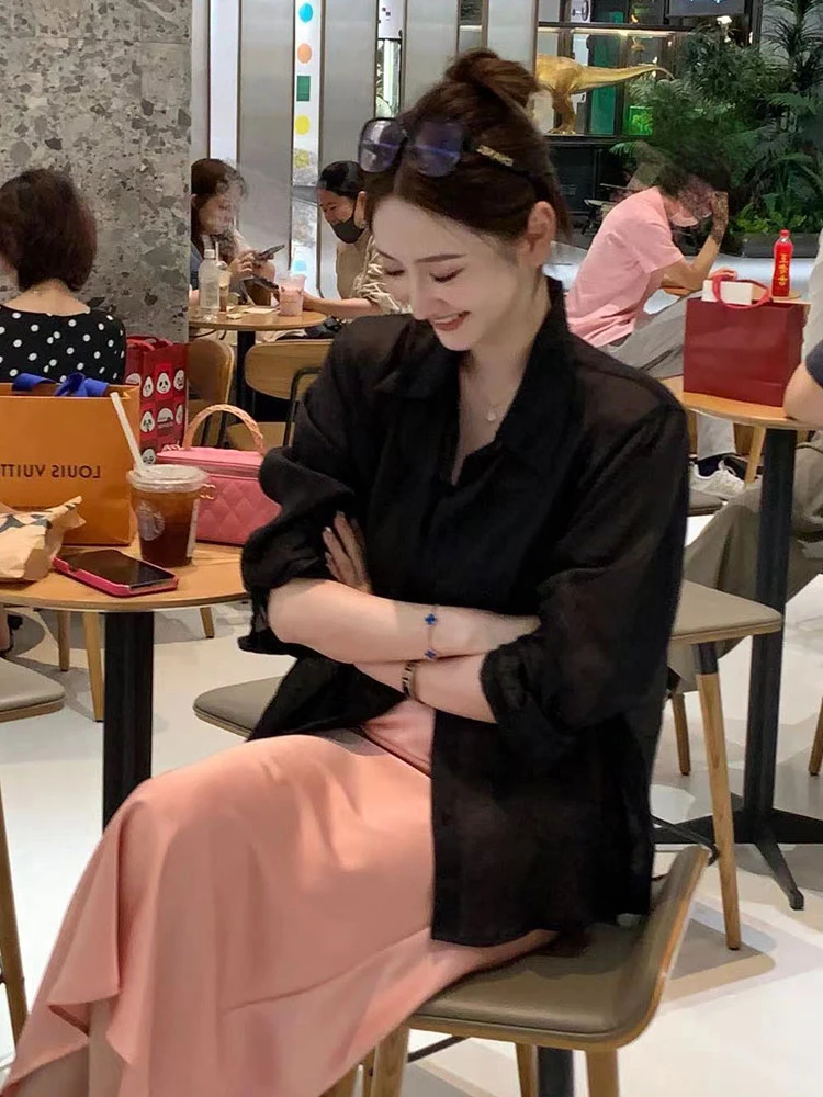 Csa Hoada Informal de Manga Larga para Mujer, Estilo Veraniego, Color Azul Agua, Protección Solar, Cuello , Botones,...