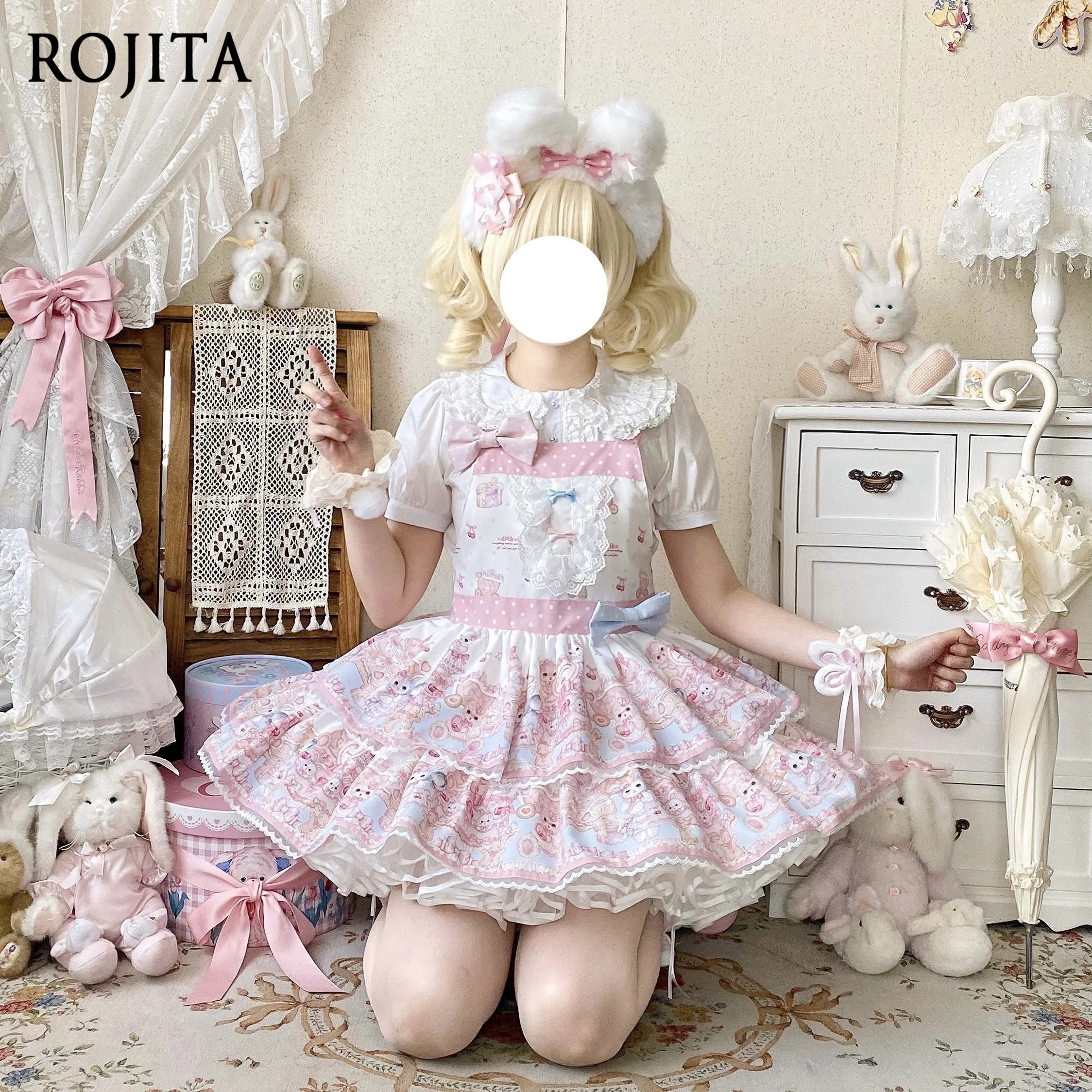 

Rabbit Bear Tea Party Fairy Tale Dream Lolita Original Design Strap Dress Pink Summer Sleeveless A-line Dress for Women