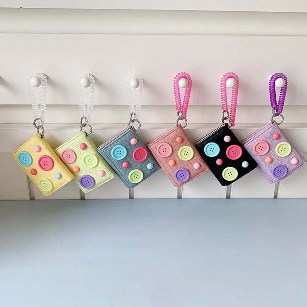 Large Capacity Dopamine Color Wallet Anti Lost Spiral Strap Button Mini Purse Smooth Texture Compact Size Tri-fold Card Holder