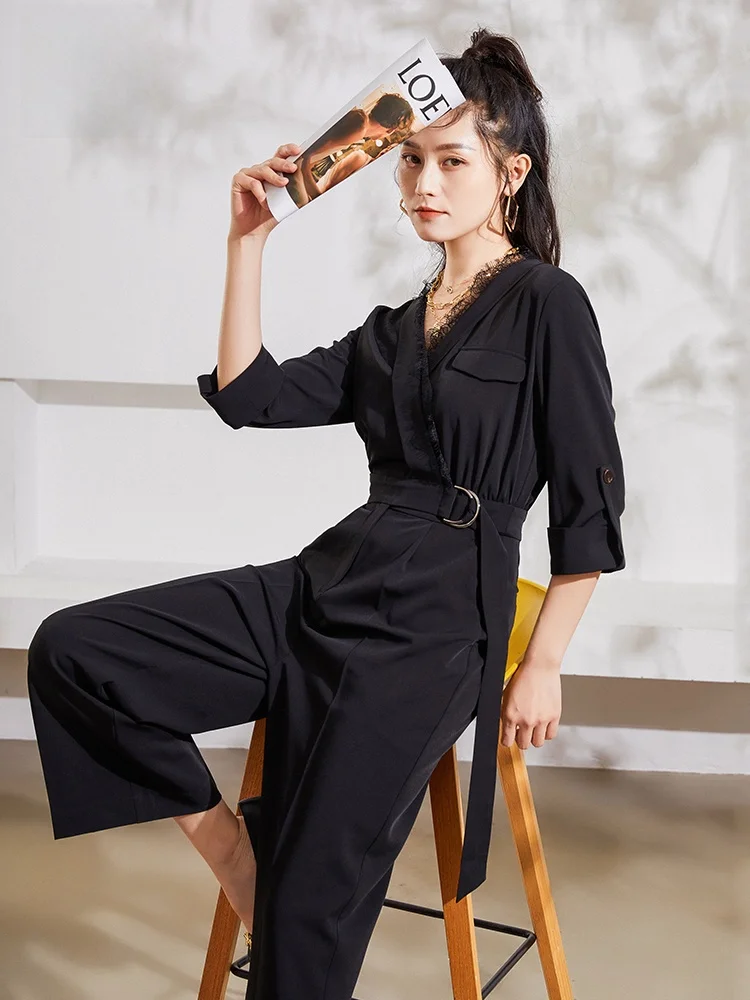 

Ele Bla Seven-Quarter Sve One-Piece Pants Set Women's High Waist Slim Fit Nine-Piece Pants Commute Sle Casual Pants