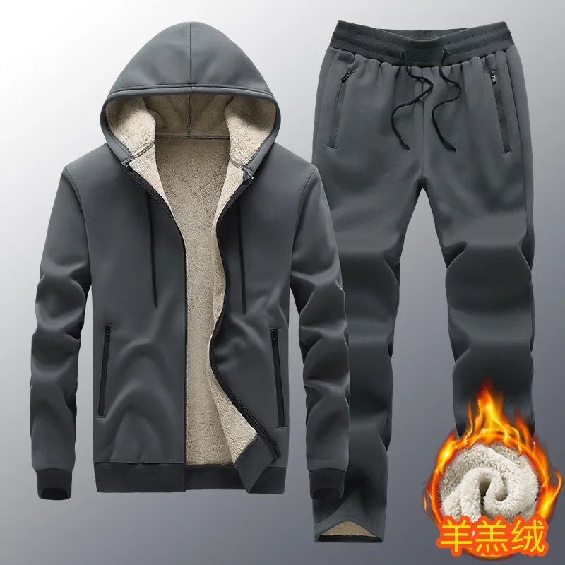 Winter Tech Fleece Men Set Fashion Brand Tracksuit Lined Thick Male Warm Outerwear Hooded Sweatshirt Pants Sportswear 2Pcs Sets