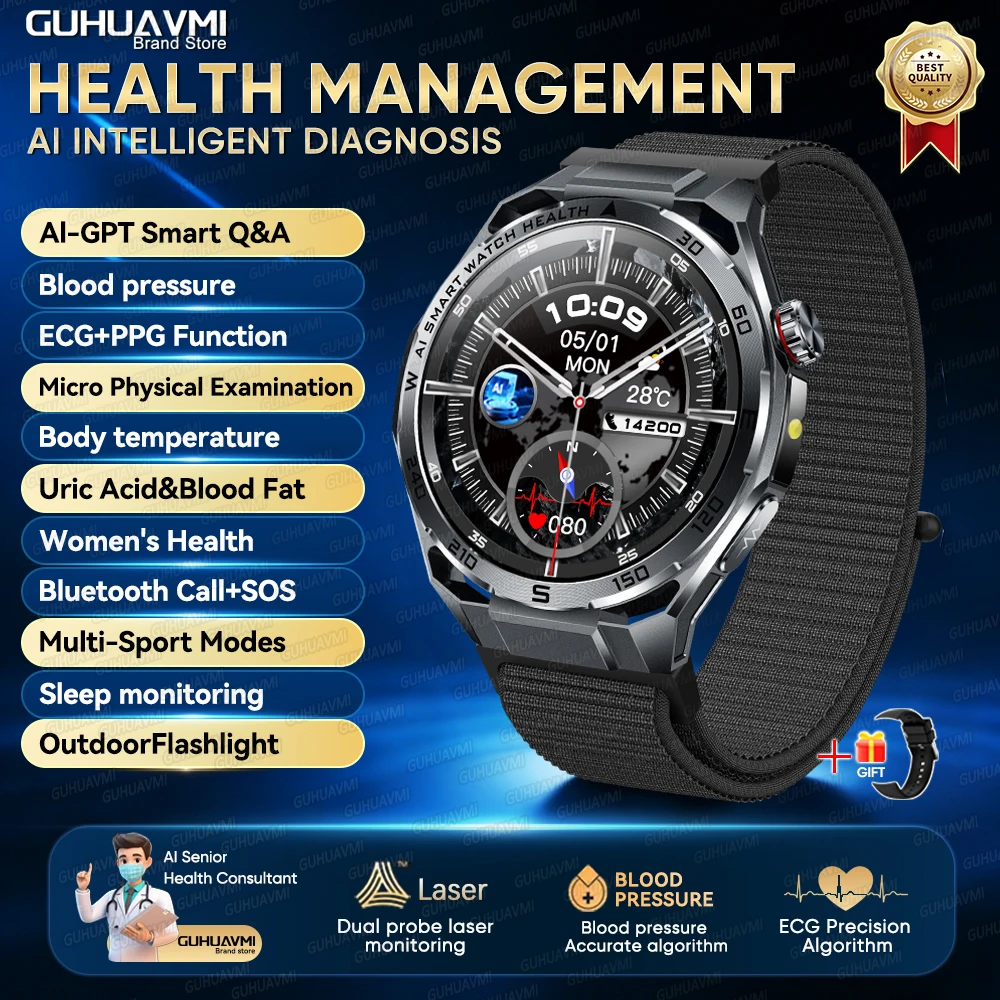 2026 AI Gezondheidsdiagnose ECG+PPG SmartWatch Mannen Bloeddruk Lipiden Urinezuur Hartanalyse 1,53-inch Bluetooth-oproep Smartwatch