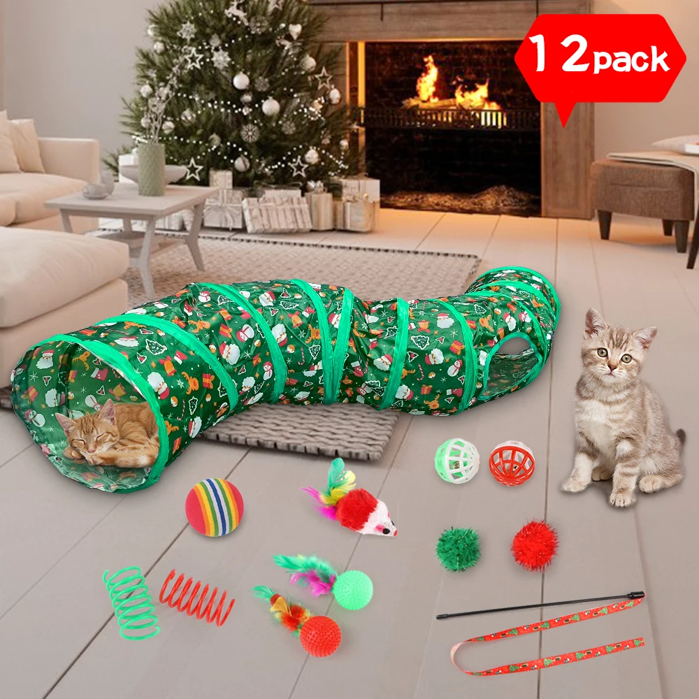 Cat Toy Set Christmas Design Folding Cat Tunnel Cat Nest - Stuffed Mouse - Funny Cat Stick - Plastic Ball Bell Toys and Other Combinations of Cats