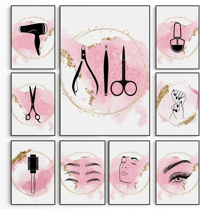 1pc frameless Canvas Painting Pink Beauty Salon Tools Hair Stylist Nail Minimalist Poster Cosmetology Canvas Paintings Wall Art