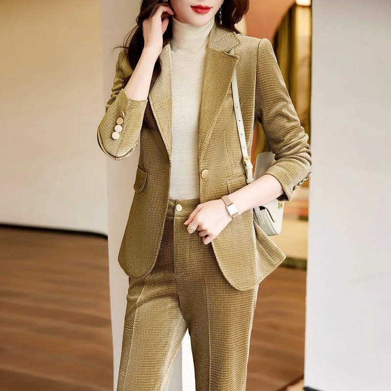 Fashion New Spring Fall Women Midnight Navy Slim Velvet Blazer Office Lady Single Button Suit Jacket Female Coat Girl Party Gift