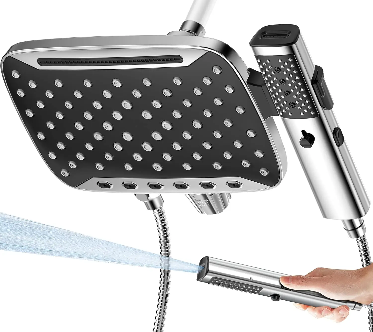 

Насадка для душа высокого давления с ручным распылителем, 7 режимов, двойной режим работы, 12-дюймовая съемная лейка для очистки ванной комнаты