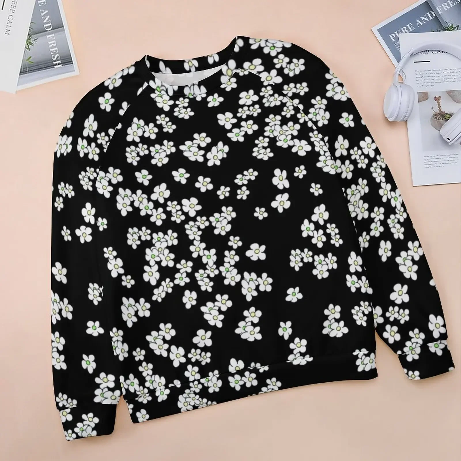 Aussie Black And White Daisies Hoodies Spring Floral Print Street Style Oversize Hoodie Long Sleeve Retro Design Casual Clothing