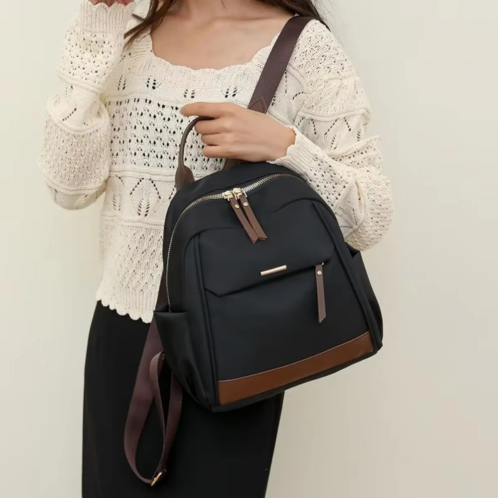 Mochila informal de nailon para mujer, bolso de hombro con contraste de Color de gran capacidad, impermeable con cremallera, mochila de viaje, mochila escolar