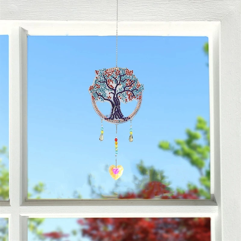 2Pcs Diamond Painting DIY Special Shape Drill Trees Window Hanging Ornament Crystal Suncatcher Wind Chime Number Kit