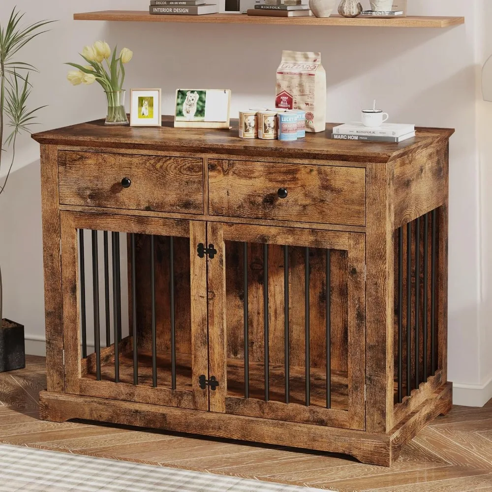 

Dog Crate Furniture, 44 Inch Wooden Dog Kennel Furniture Indoor with 2 Storage Drawers, Heavy Duty Large Dogs Crate Furniture, C