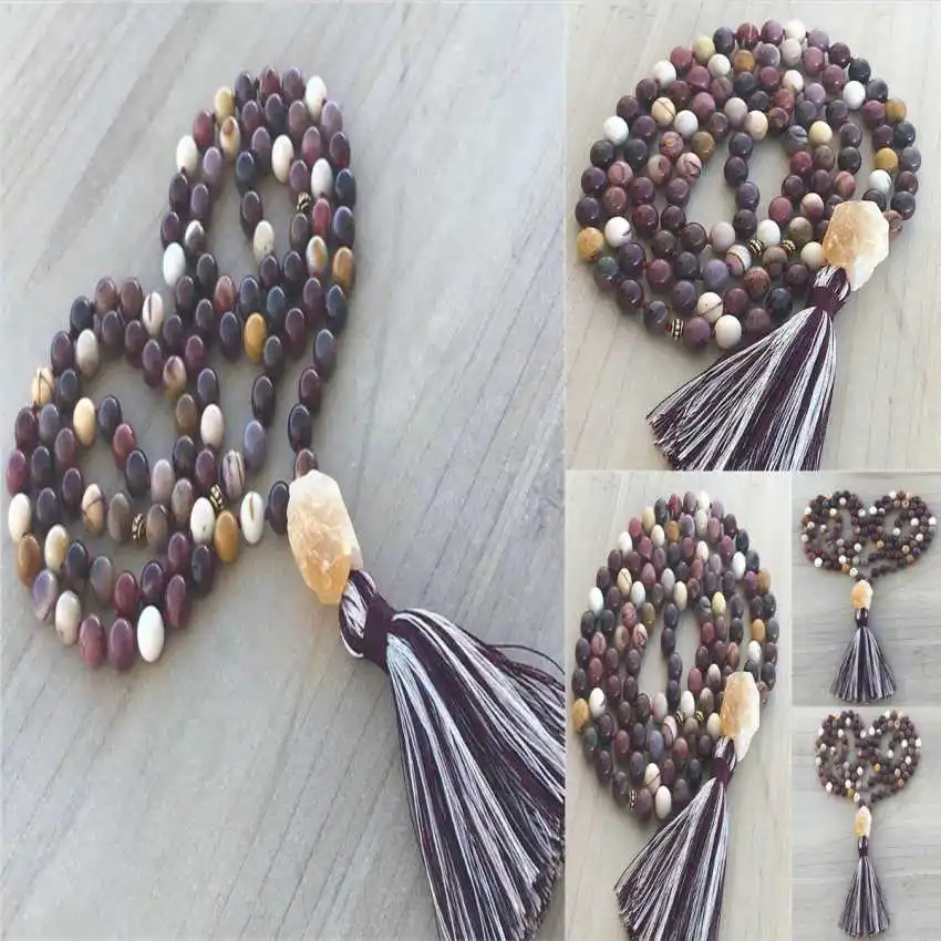 8mm Natural Egg Yolk 108 Beads Tassel Knot Necklace Choker Peace Metal Stone Tranquility Spiritual Seekers Pendant Bridal Mala