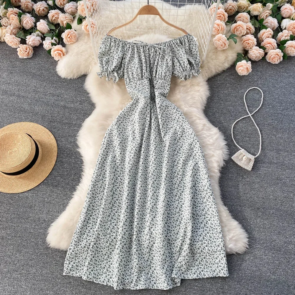 Women Floral Dress bohemian A-Line slash neck short sleeves dress summer vintage beach off shoulder Polka Dot Sundress