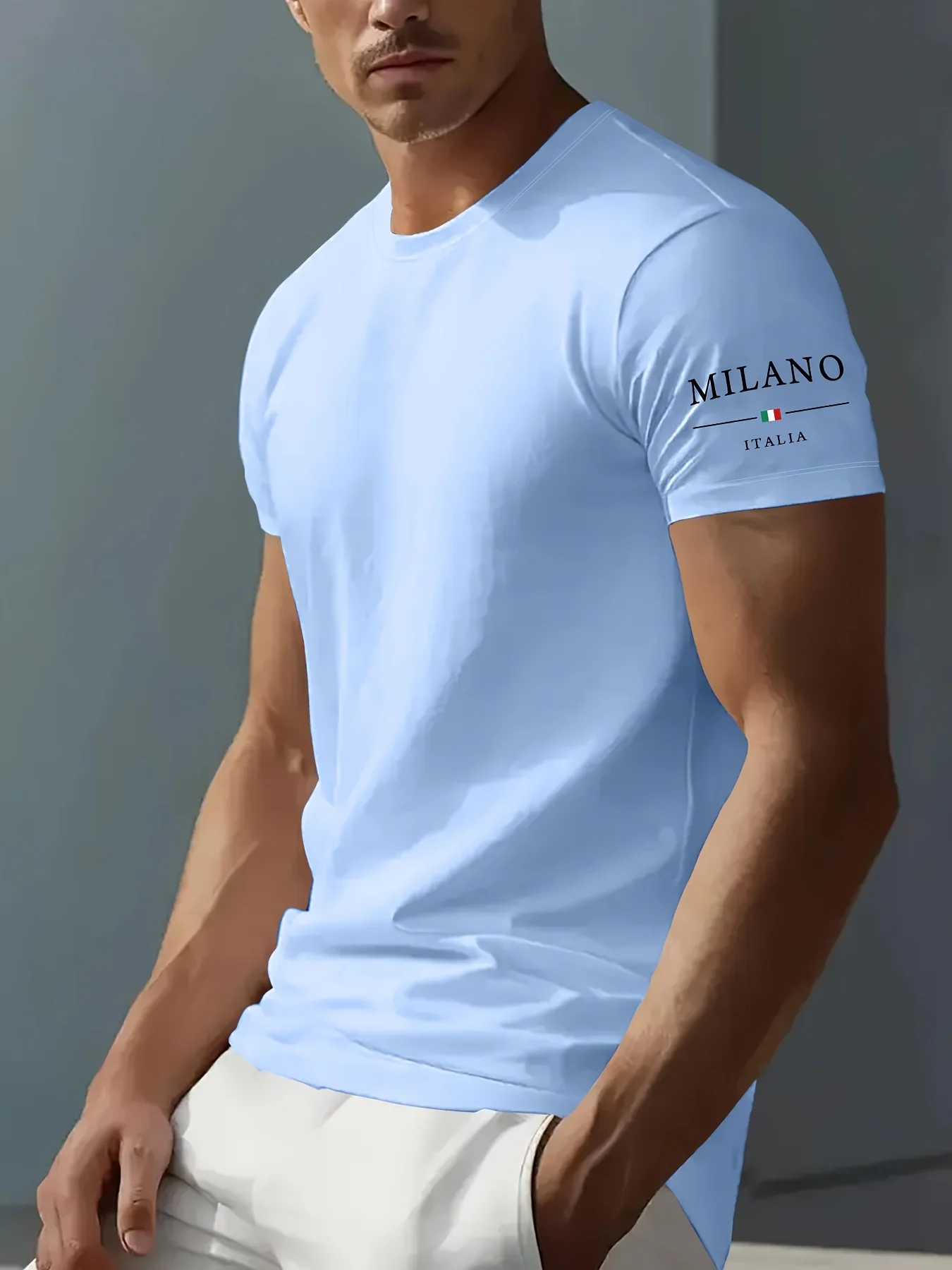 100% Pure Cotton Men's Summer Casual Sports Fashionable Loose MILANO ITALIA Pattern Printed Round Neck Short Sleeved T-Shirt Top
