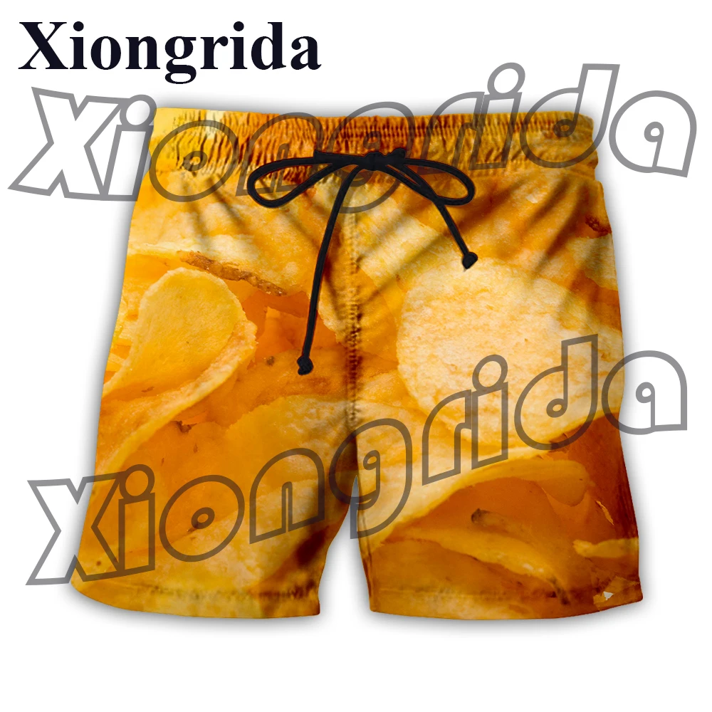 Shorts estampados com batatas fritas engraçadas, troncos 3D de cintura alta, moda masculina, calça curta casual com estampa de lanches, roupas unissex de praia do verão