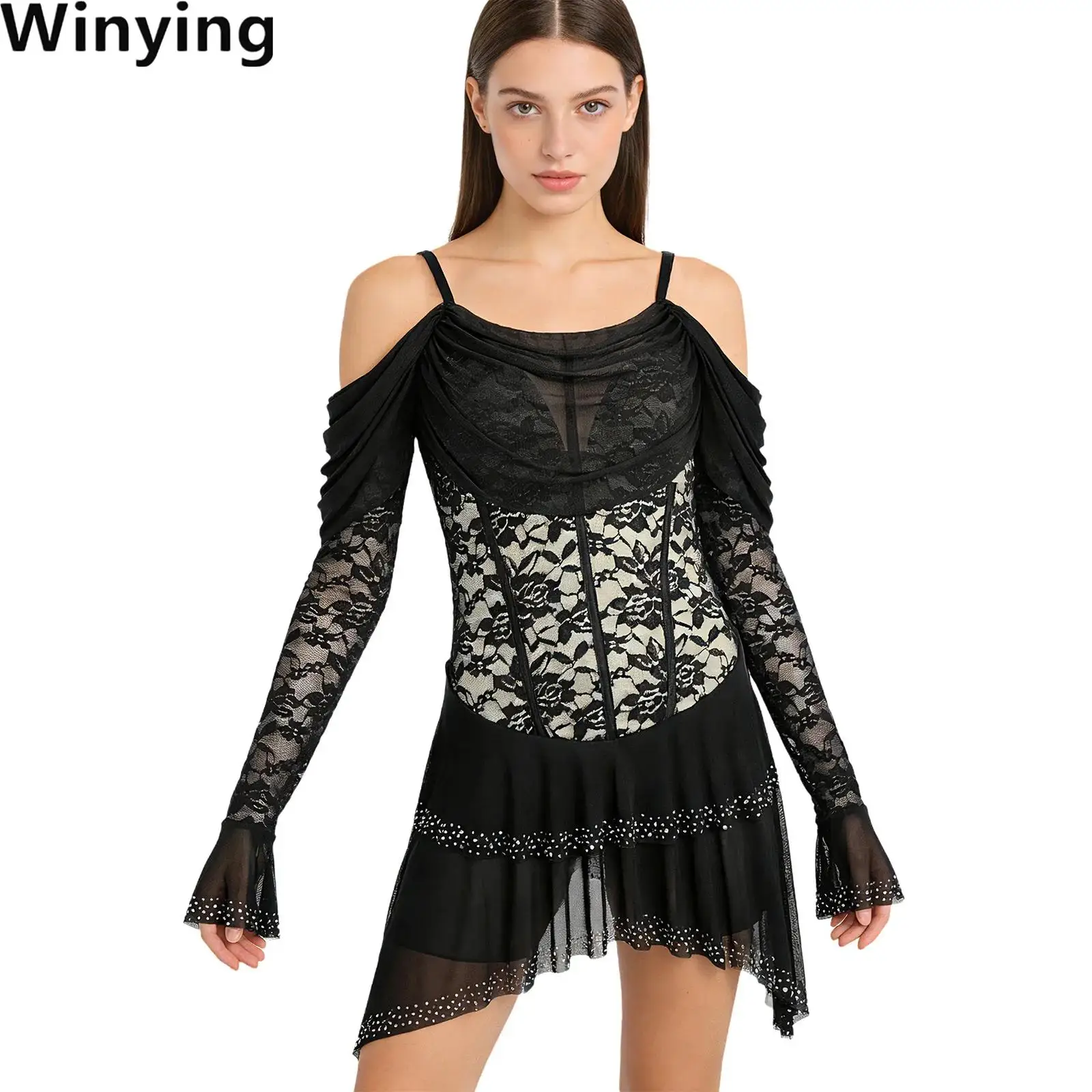 

Women Jazz Tango Rumba Samba Dance Competition Costumes Cold Shoulders Floral Lace Sleeve Leotards Ruched Mesh Bodysuit Dress