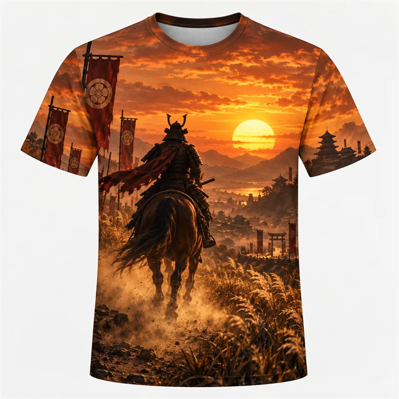 Japanese Ronin Samurai T Shirt Men Sunset Ink Warrior Graphic Short Sleeve Retro Asian Art Streetwear Casual Urban Fashion Tops