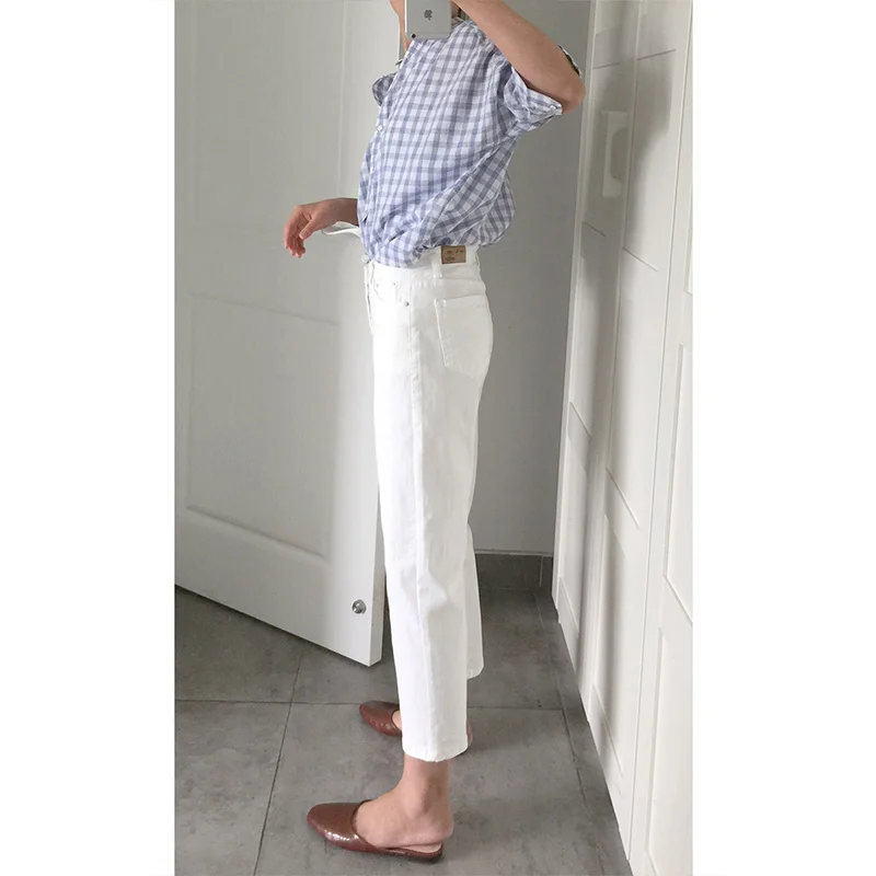 

Белые джинсы для похудения с высокой талией, свободные, прямого кроя, длиной 9/10, для женщин, подходят для фигуры типа «груша», ретро, хлопок, стрейч