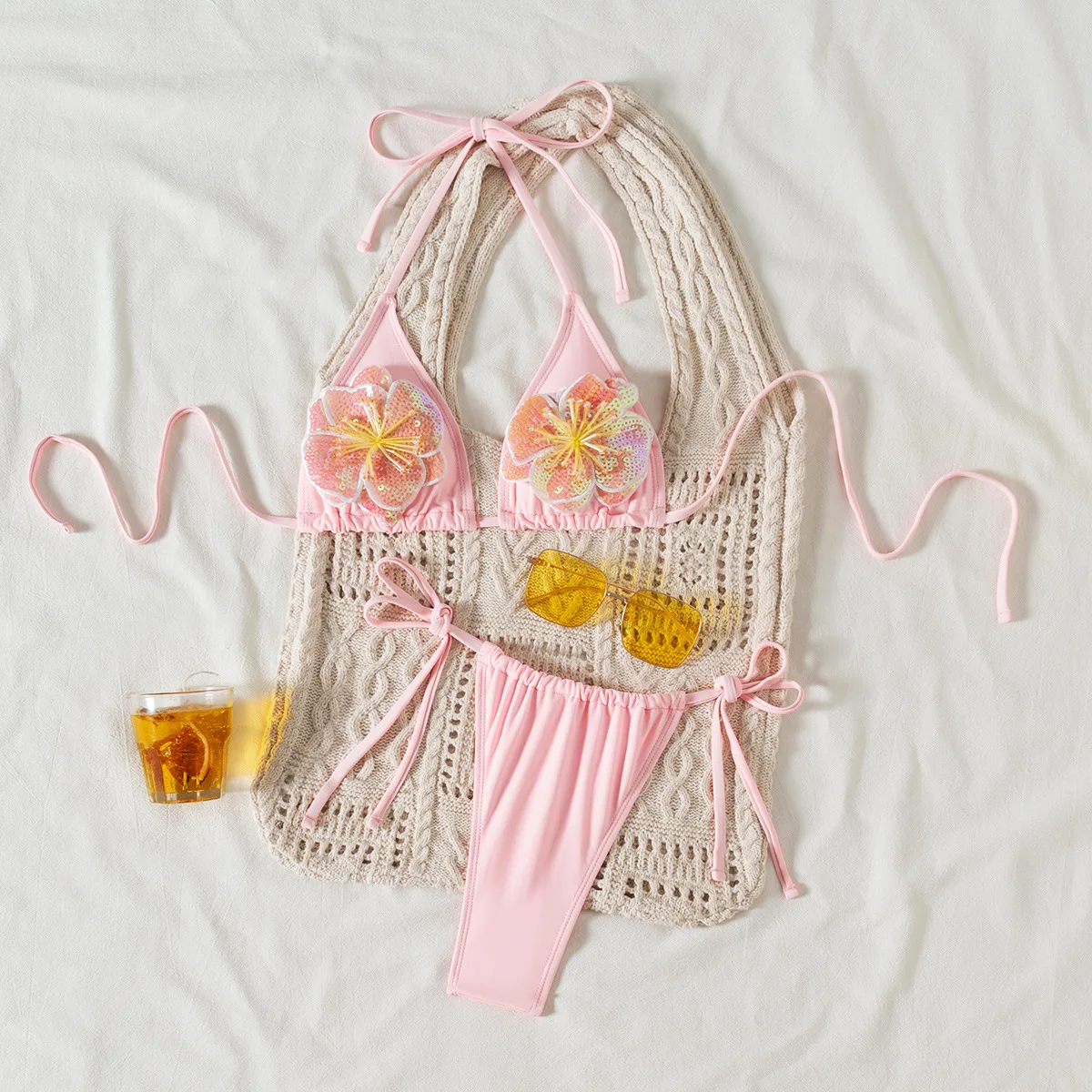 Seksowne bikini 3D z cekinami, różowe komplety dwuczęściowe, stroje kąpielowe wiązane na szyi, stringi, odzież plażowa, biquini conjunto de bikini tankini