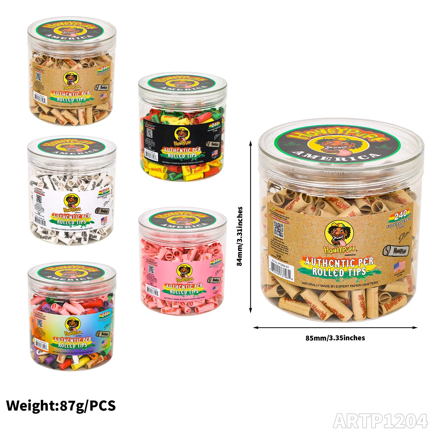 HONEYPUFF brand single mouth filter with the 'HONEYPUFF' logo on the filter, diameter 7mm, height 18mm, 83g/can, 240 particles/c