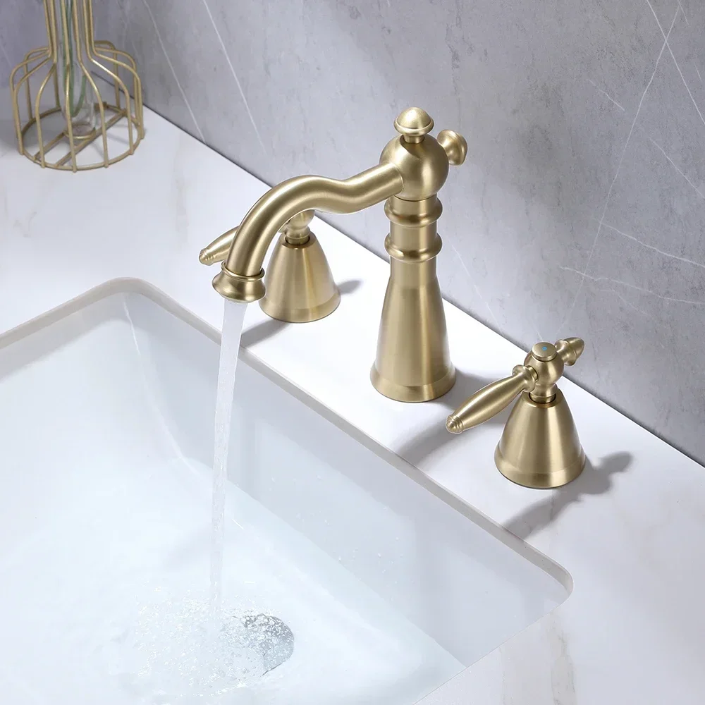 Rustic split type 3 holes basin faucet deck mounted double handle gold brass luxury home bathroom antique vanity sink faucet