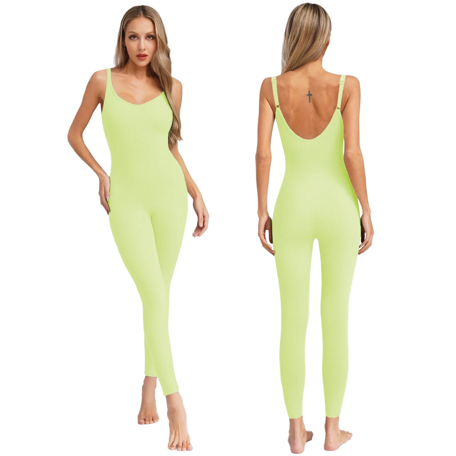 

Women Yoga Bodysuit Full Body Leotard Sleeveless Ribbed Adjustable Spaghetti Straps Gymnastics Dance Practice Jumpsuit