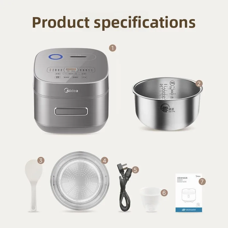Low-sugar rice cooker, 4L, uncoated stainless steel inner pot, multi-functional, fully automatic, large capacity.
