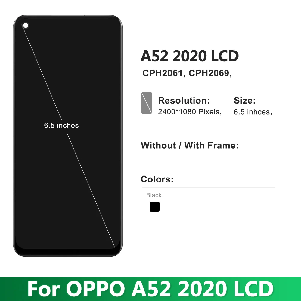 6.5 "AMOLED voor Oppo A52 2020 Display met Frame, voor Oppo A52 CPH2061 LCD Display Touch Screen Digitizer Vergadering Vervanging