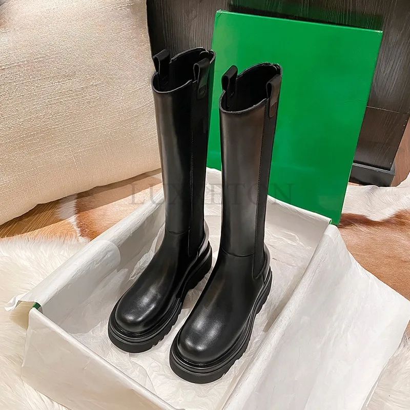 

Genuine Leather Knee Length Boots Women Back Zipper Round Toe Thick Sole Increased Height Boots with Added Plush for Warmth