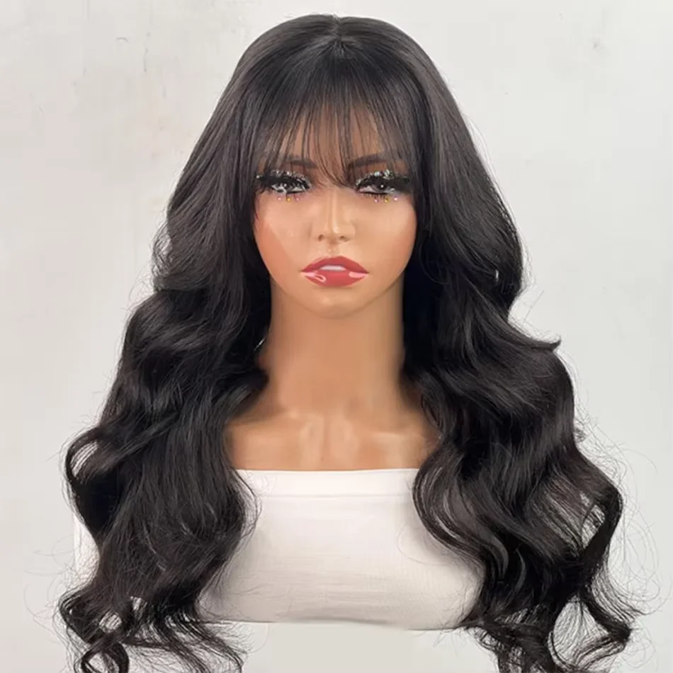 Body Wave rambut manusia 30 Inche wig dengan poni 3x1 mesin penuh dibuat wig rambut manusia untuk wanita warna alami dengan kepadatan 200%