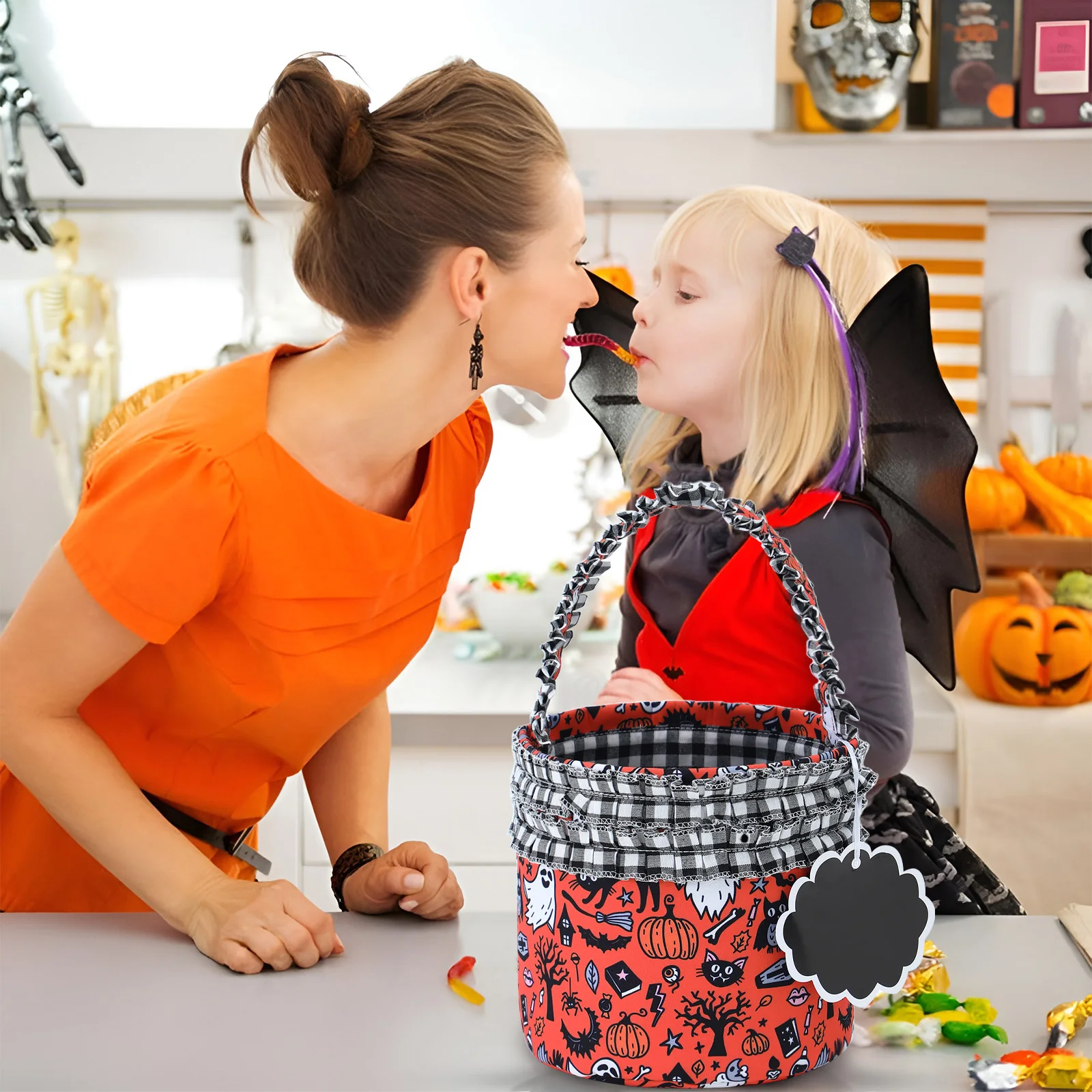 Ruffle Halloween Basket For Kids With Name Card Pink/Orange Reusable Canvas Candy Gift Bag Trick or Treat Bags view 5