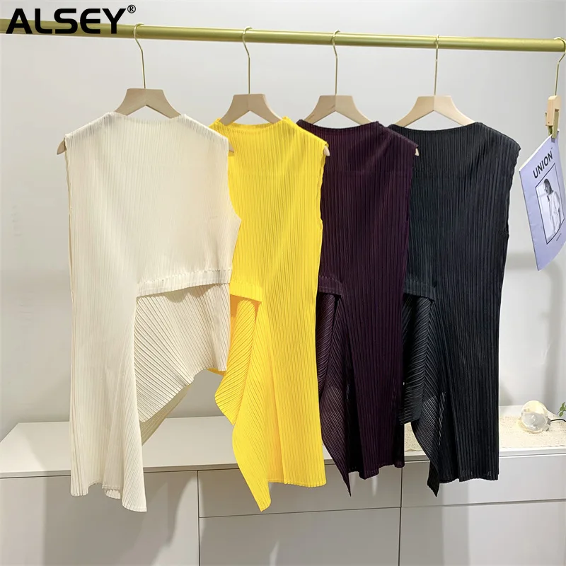 

ALSEY Miyake Pleated Sleeveless Vest for Woman's Summer New Fashion Loose Plus Size Retro Irregular Half High Neck Top